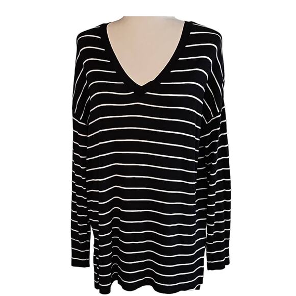 Worthington Black and White Striped Lightweight Sweater V-Neck Womans Size L - Picture 1 of 9
